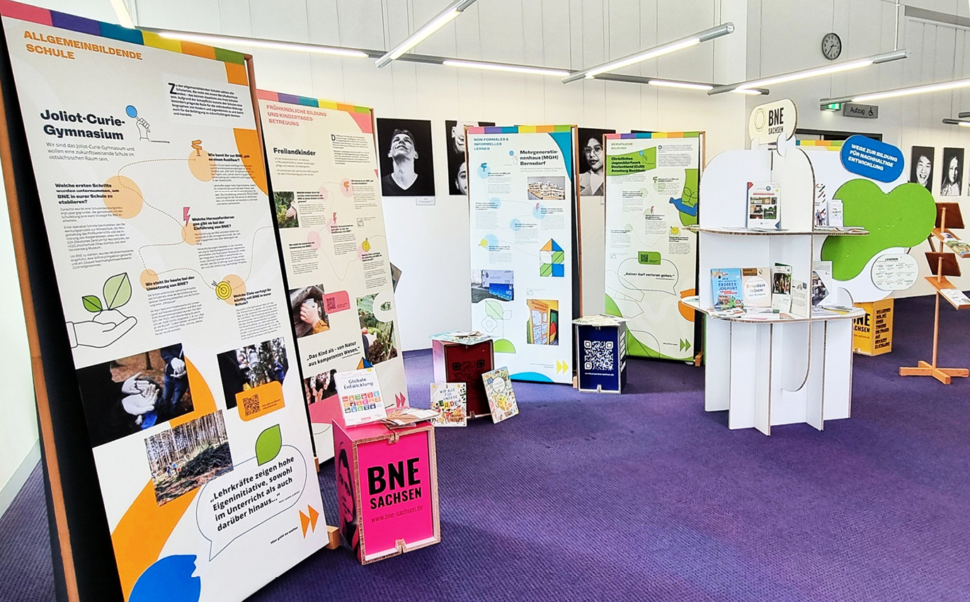 Foto der Ausstellung. Mehrere Banner mit Informationen stehen im Raum. Rechts ist das Ausstellungsstück aus Wabenplatte.