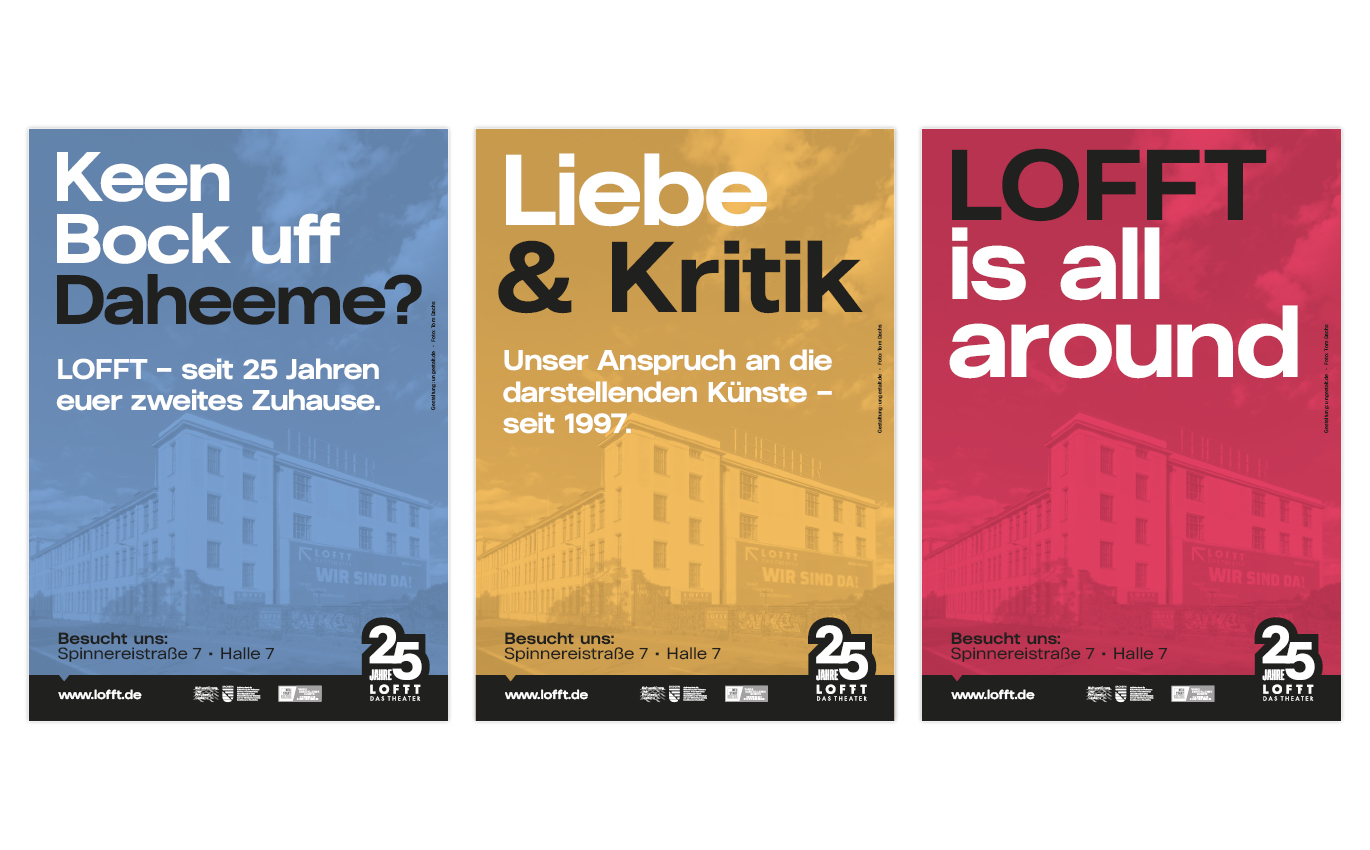 Series of Lofft posters: blue, yellow, red