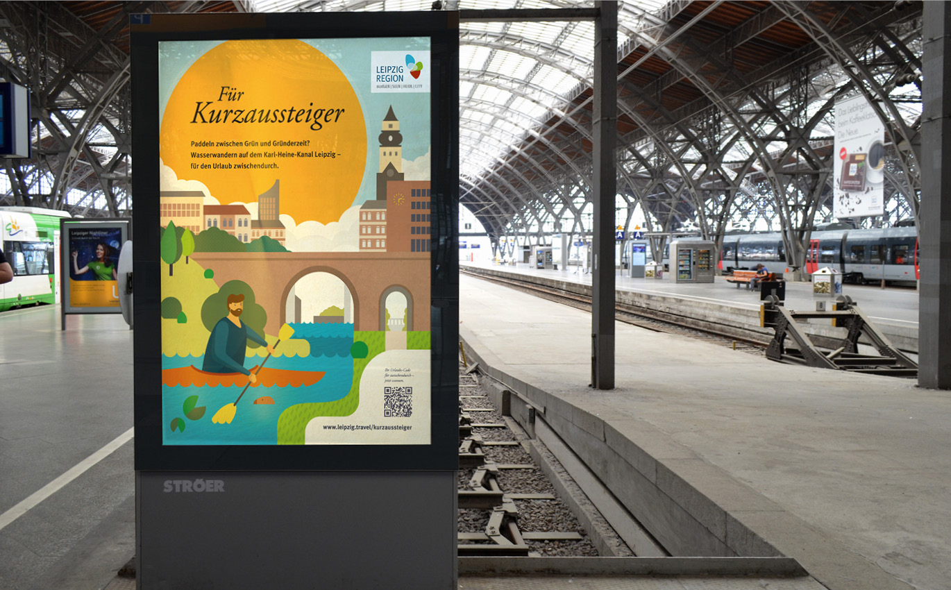 Kampagne FÜR KURZAUSSTEIGER zeigt farbenfrohe Illustration am Bahnhof Leipzig