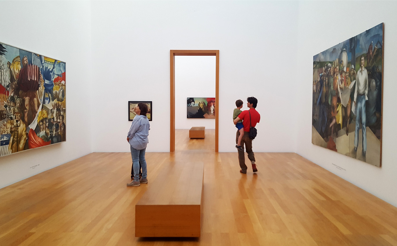 Exhibition space with various colorful exhibits 