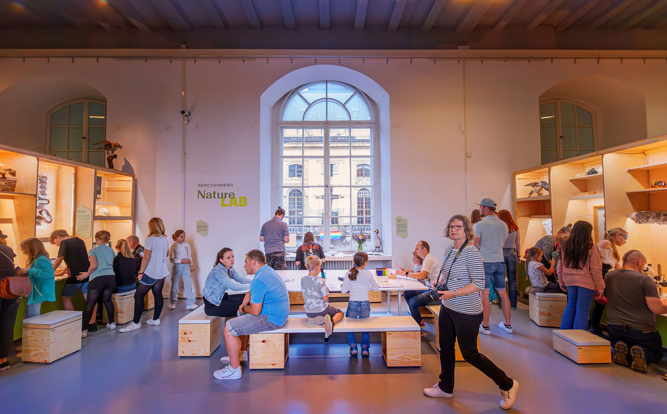 Foto Menschen unterschiedlichen Alters sitzen und stehen in einem hellen Raum mit großen Fenstern, arbeiten an Tischen