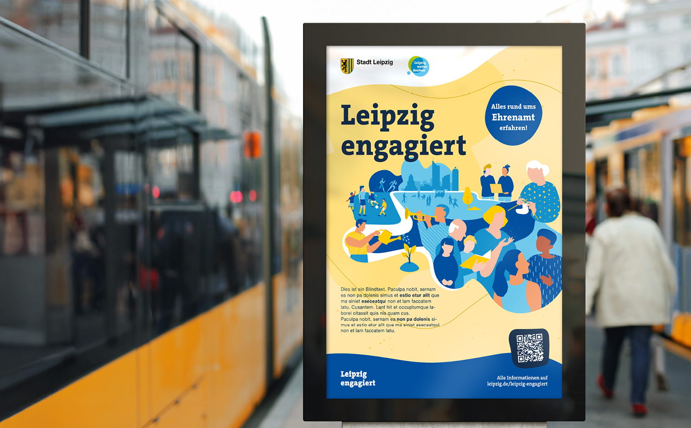 Ein digitales Display an einer Tram-Haltestelle zeigt ein Plakat von Leipzig Engagiert