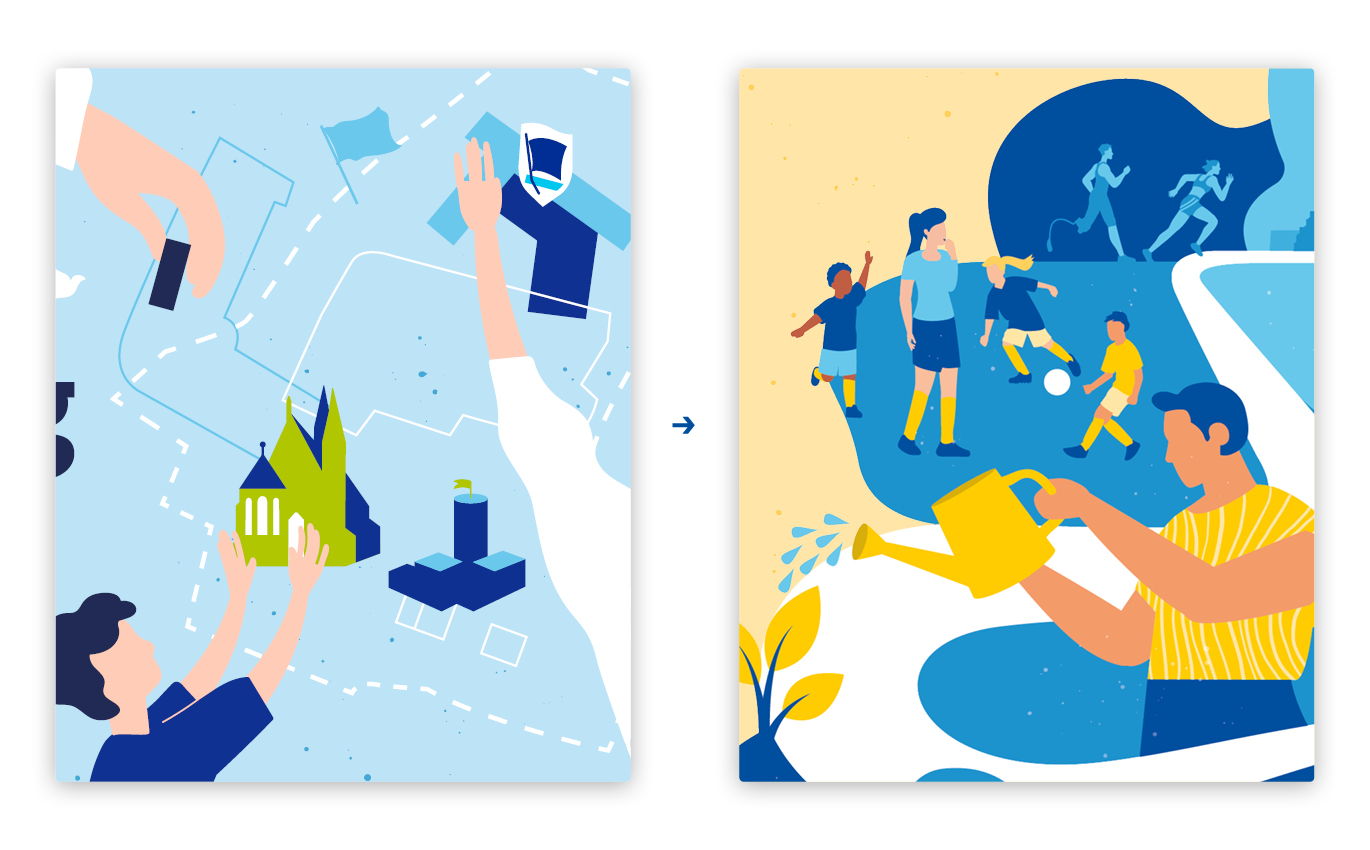 Gegenüberstellung bestehender illustrativer Elemente und Stile sowie dem neu erstellten Design für Leipzig Engagiert