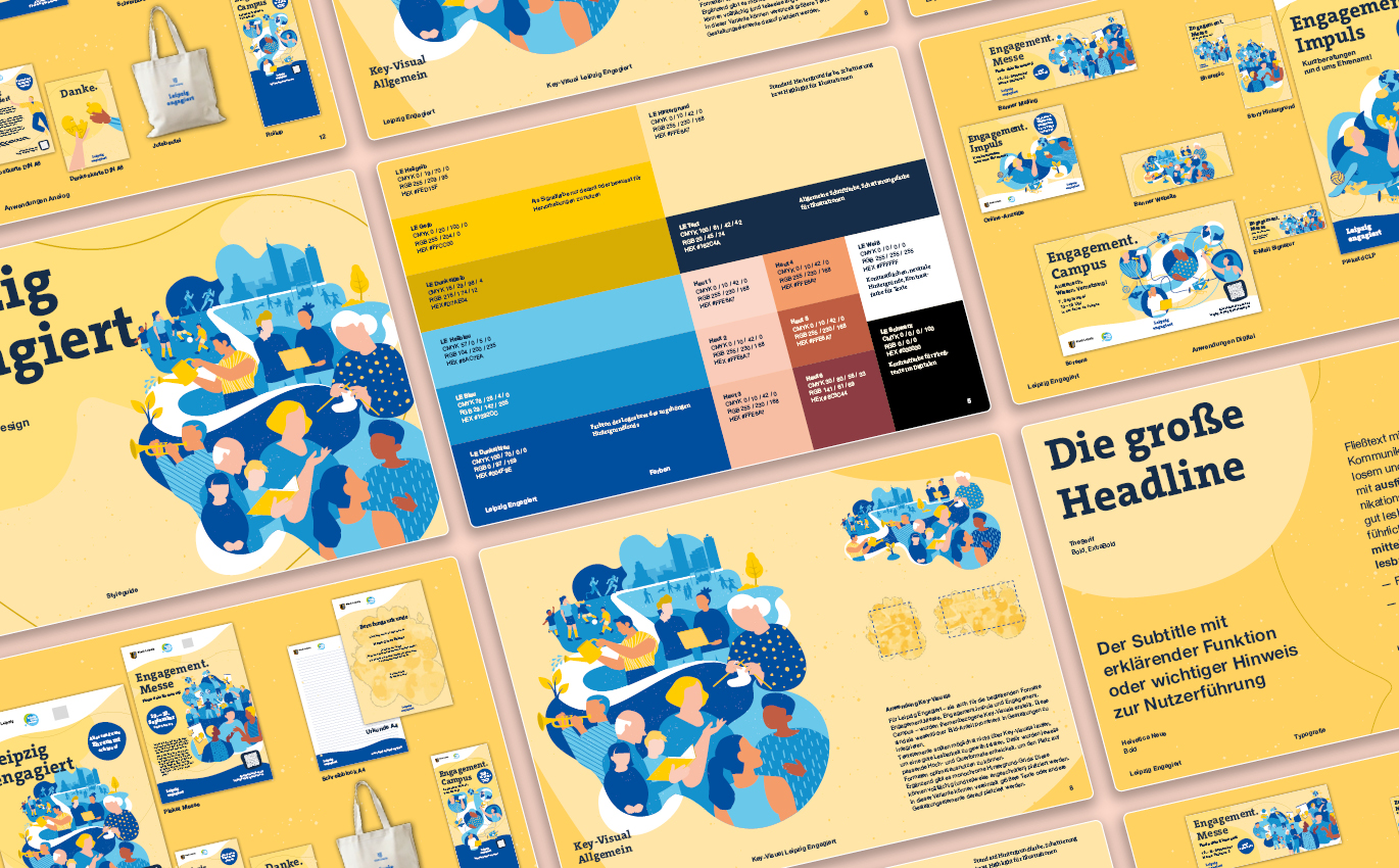 Eine dynamische Komposition von einzelnen Seiten des Styleguides für Leipzig Engagiert