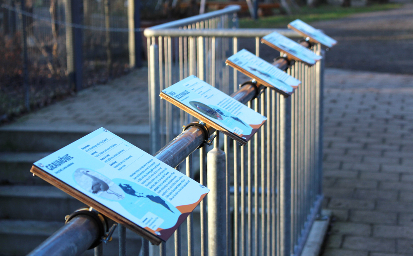 Foto der Gehegebeschilderung mit den einzelnen Tieren und Informationen über diese darauf.