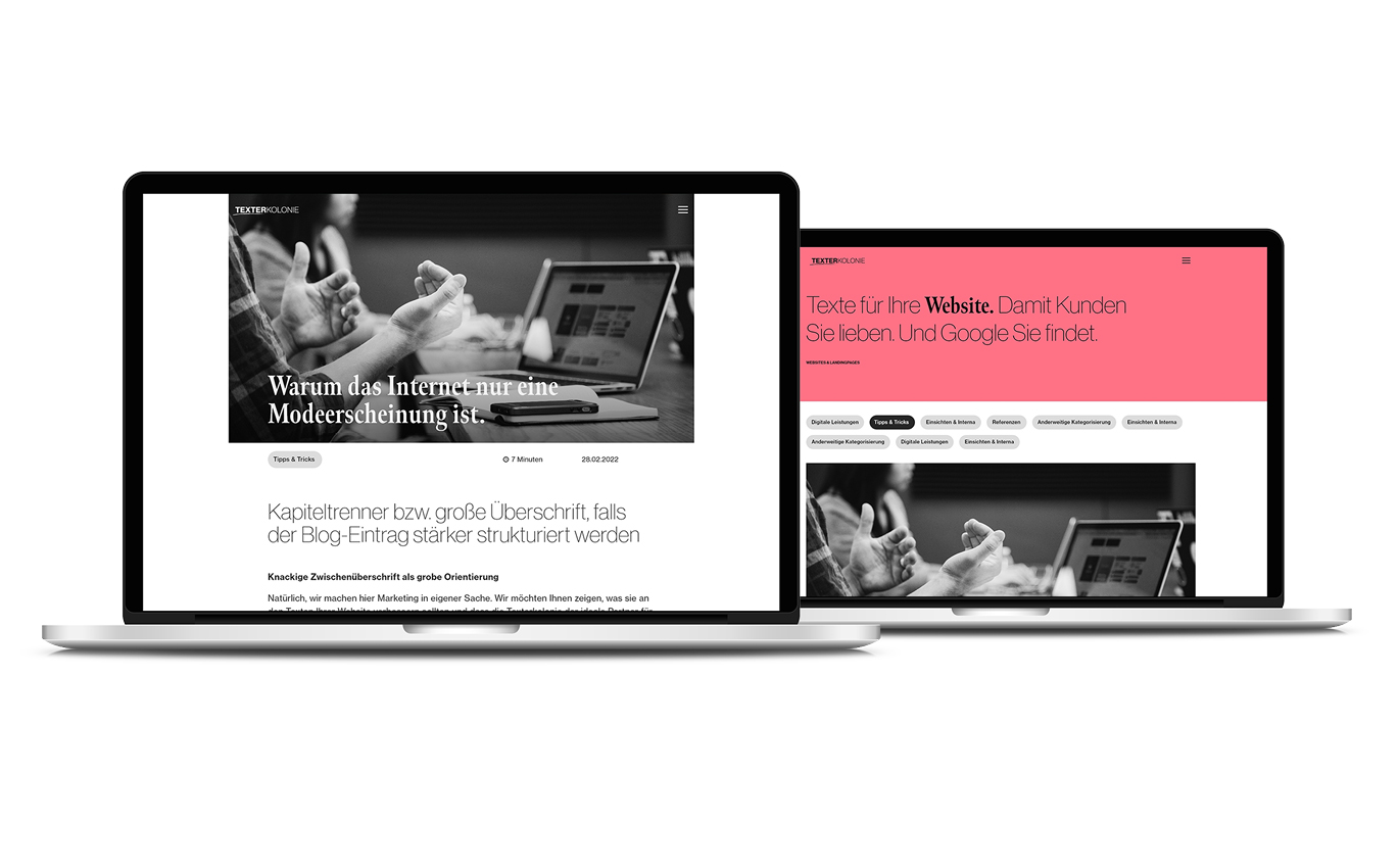 Zwei Laptops mit Mockups der redesignten Website der Texterkolonie
