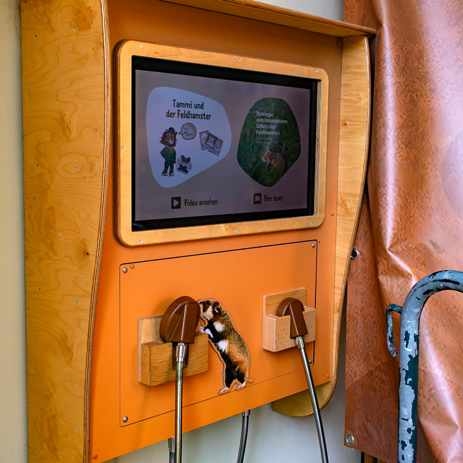 Bild einer Medienstation der Hamsterwand. Eine orangene Vorrichtung umschließt einen Bildschirm auf dem ein Cartoon zu erkennen ist. Daneben steht "Tammi und der Feldhamster". Unter dem Bildschirm hängen Ohrmuscheln zum Hören.