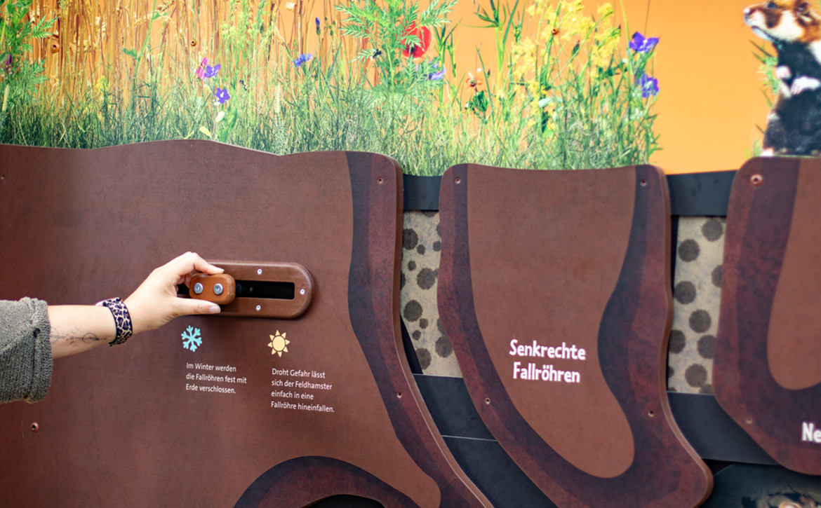 Eine Hand bewegt den Schieber einer Lernstation von "Winterbau" zu "Sommerbau".