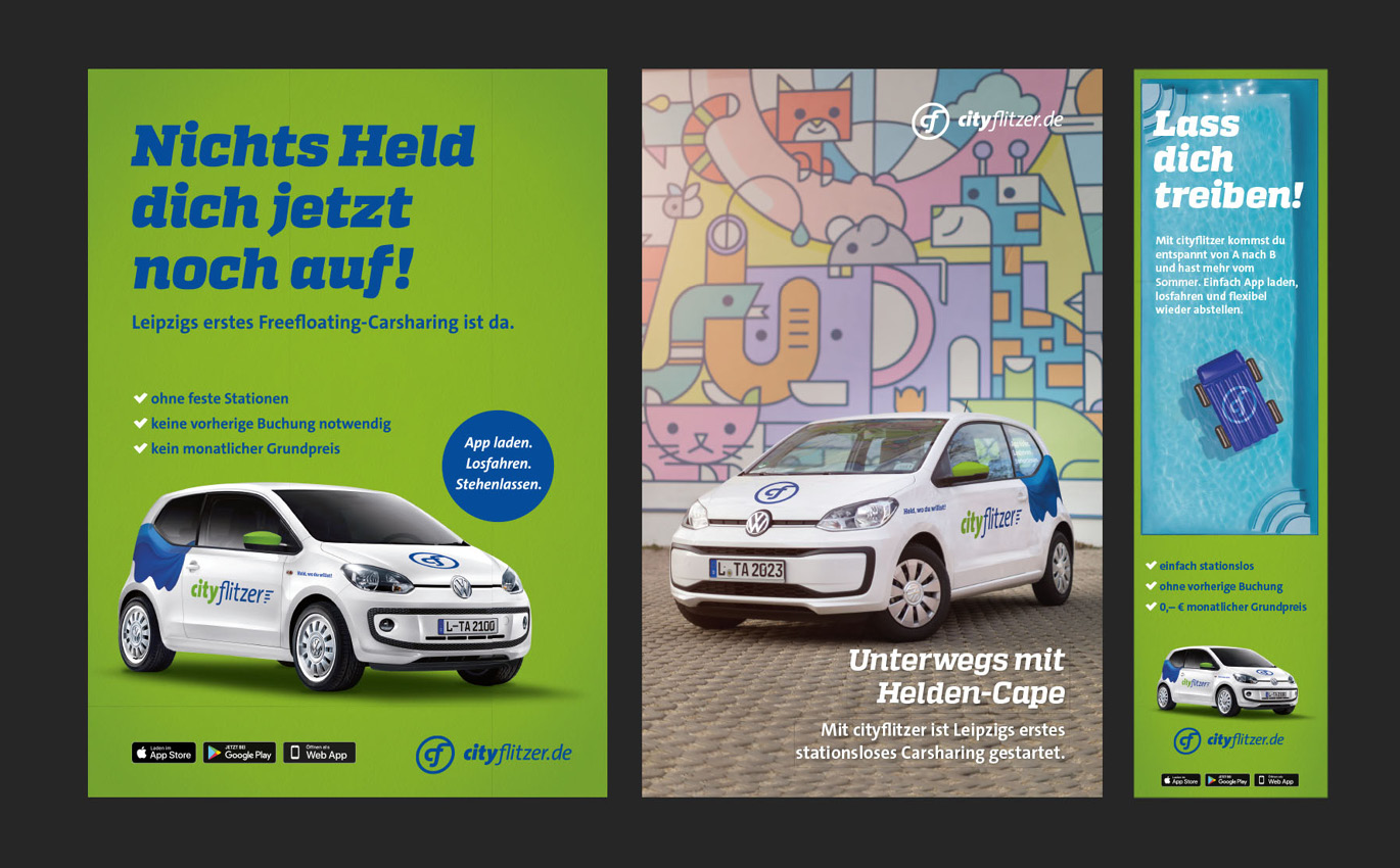 Three digital print ads for the crossmedia campaign in the corporate design of cityflitzer