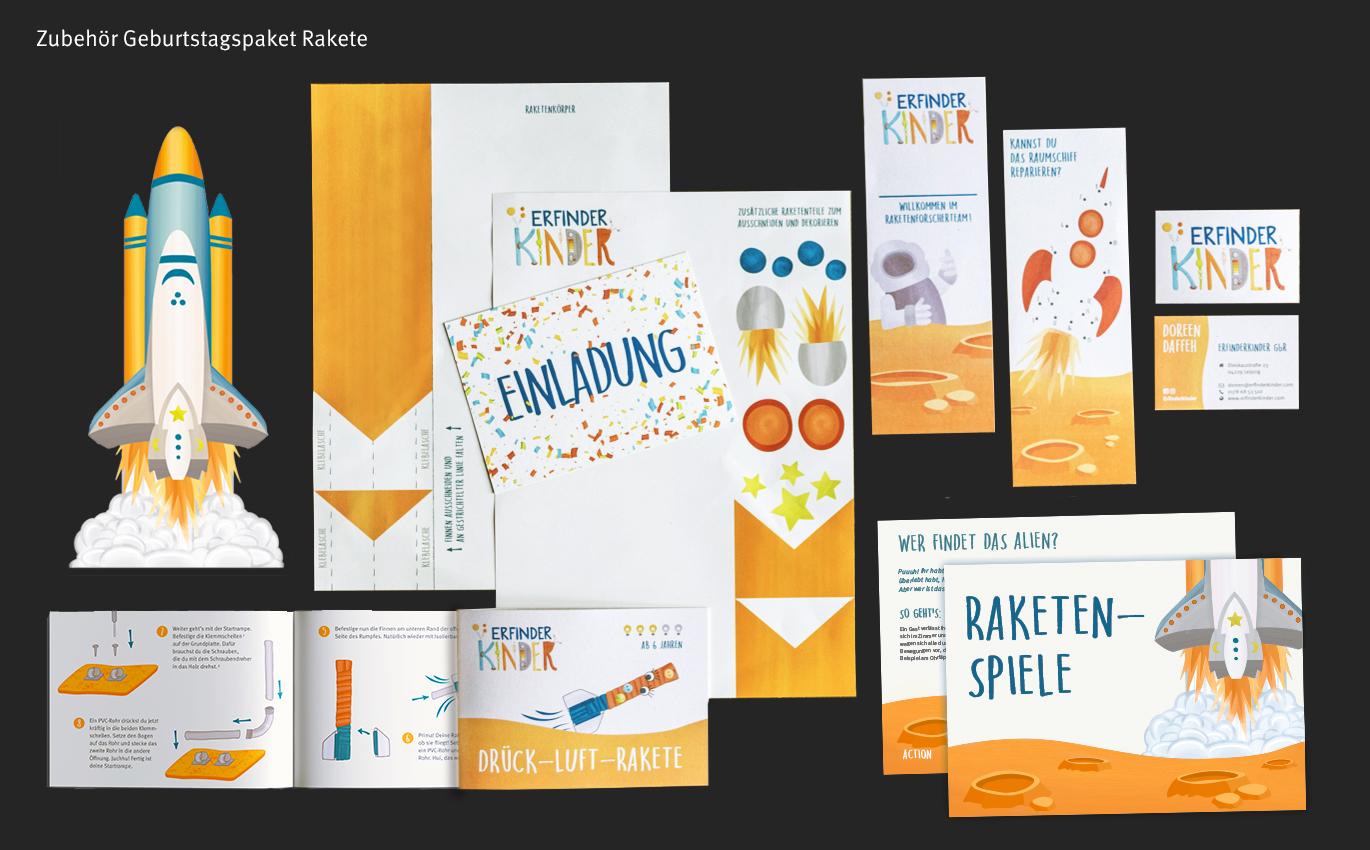Anwendungsformate Palette aller Printprodukte, die zum Geburtstagspaket Rakete gehören