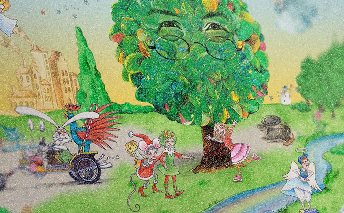 Illustration: The Traumzauberbaum in landscape, three characters greet each other below